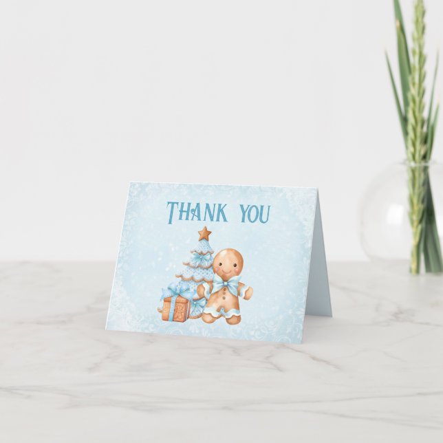 Cute Gingerbread Blue Boy Christmas Baby Shower Thank You Card (Front)