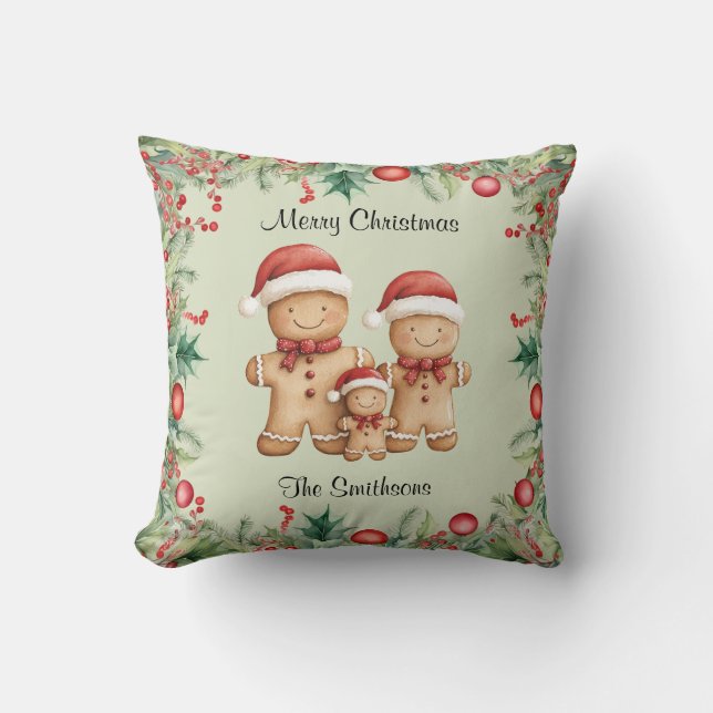 Cute Gingerbread Cookie Family Christmas Cushion (Front)