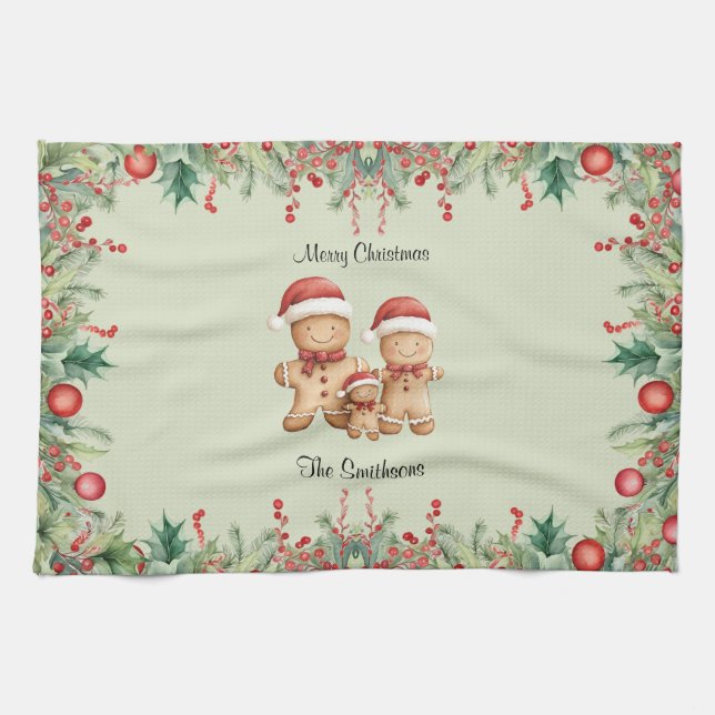 Cute Gingerbread Cookie Family Christmas Kitchen T Tea Towel (Horizontal)
