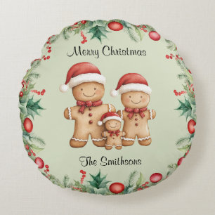Cute Gingerbread Cookie Family Christmas Round Cushion