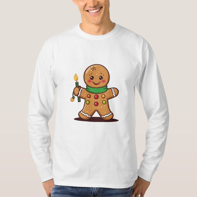 Cute Gingerbread Cookie Holding Christmas Light T-Shirt (Front)