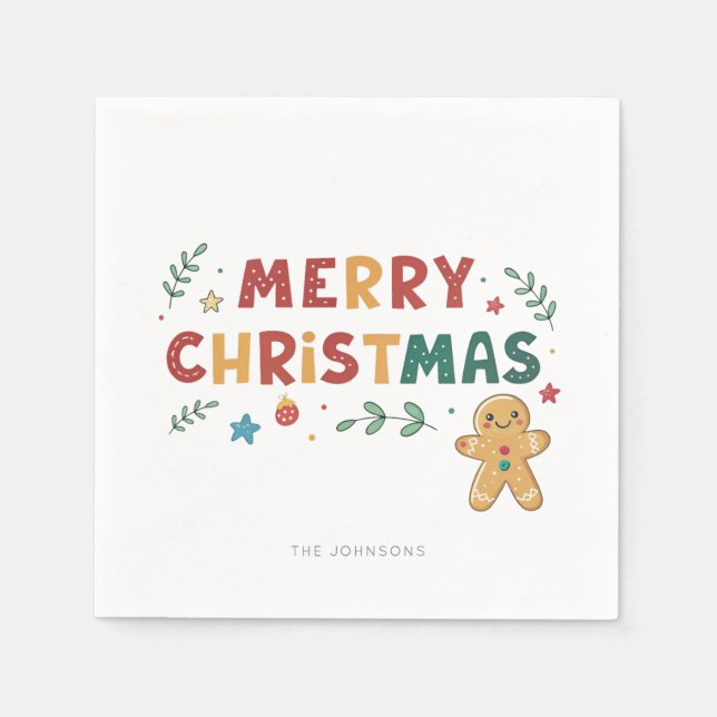 Cute Gingerbread Cookie Personalised Christmas  Napkin (Front)