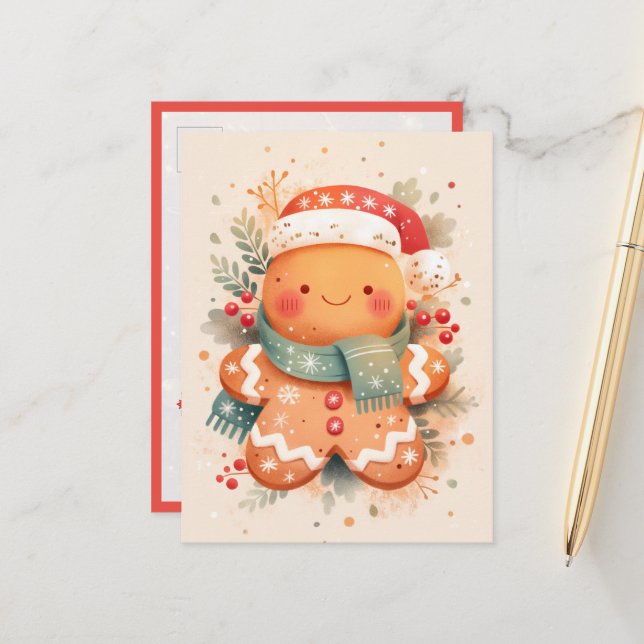 Cute Gingerbread Cookie Wearing Santa Hat Postcard (Front/Back In Situ)