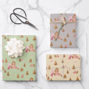 Cute Gingerbread Cottage Grey Mint Cream Pink Wrapping Paper Sheet