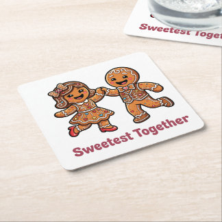 Cute Gingerbread Couple Sweetest Together Christma Square Paper Coaster