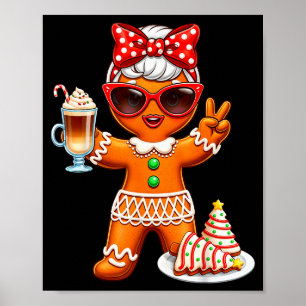 Cute Gingerbread Drinking Coffee Christmas Tree Ca Poster