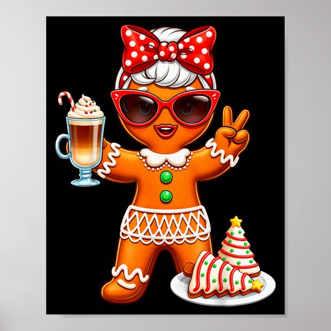 Cute Gingerbread Drinking Coffee Christmas Tree Ca Poster (Front)