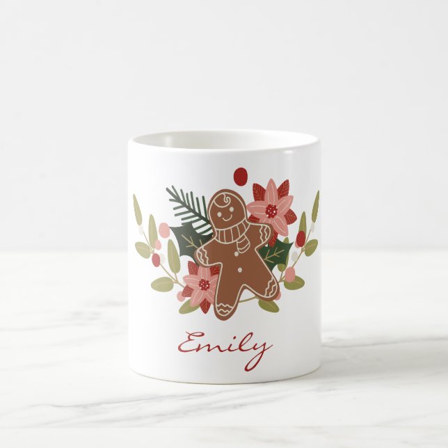 Cute Gingerbread Floral Personalised Christmas  Coffee Mug (Center)