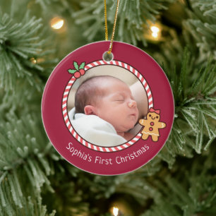 Cute Gingerbread Girl Baby First Christmas Photo Ceramic Tree Decoration