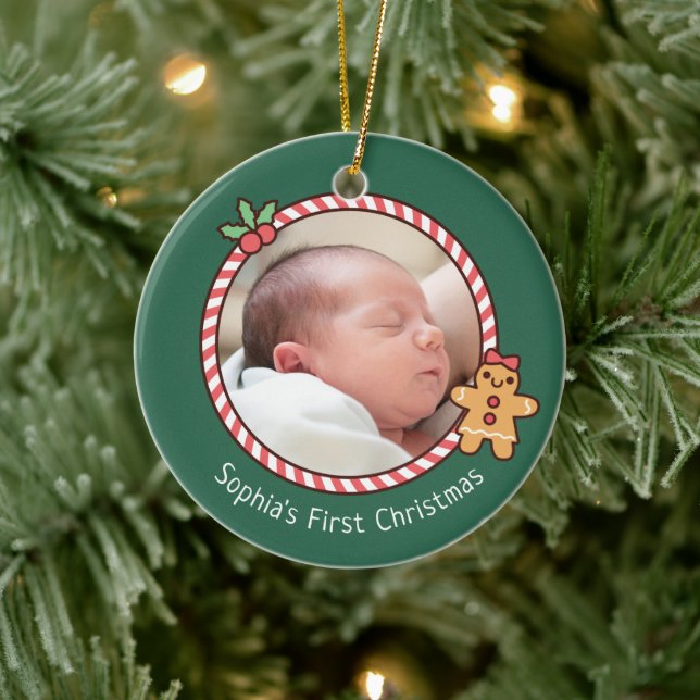 Cute Gingerbread Girl Baby First Christmas Photo Ceramic Tree Decoration (Tree)