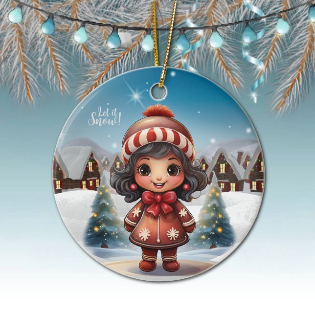 Cute Gingerbread Girl Character Holiday Season 🎄 Ceramic Tree Decoration (Girly Character stocking stuffer for female Ornament Gingerbread Girl Let it Snow Christmas Decor 🎄)