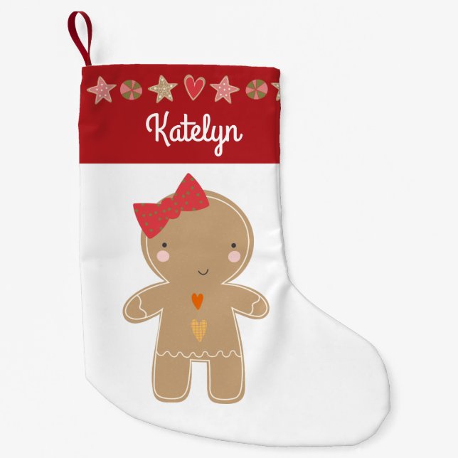 Cute Gingerbread Girl Holiday Cookie Border Name Small Christmas Stocking (Front)