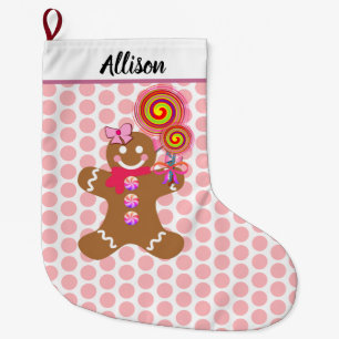 Cute Gingerbread Girl Pink Polka Dots Personalised Large Christmas Stocking