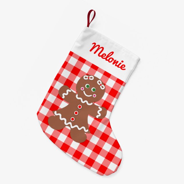Cute Gingerbread Girl Red Gingham Monogram Small Christmas Stocking (Front (Hanging))