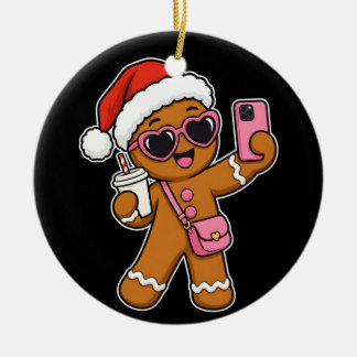 Cute Gingerbread Girl Selfie Iced Coffee Christmas Ceramic Tree Decoration