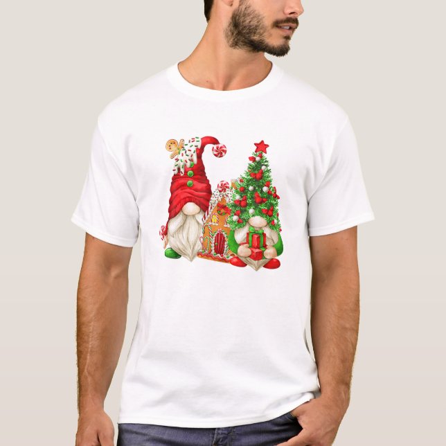 Cute Gingerbread House And Santa Gnome For Christm T-Shirt (Front)