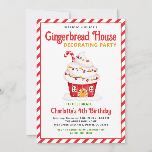 Cute Gingerbread House Candy Cane Birthday Party Invitation (Front)