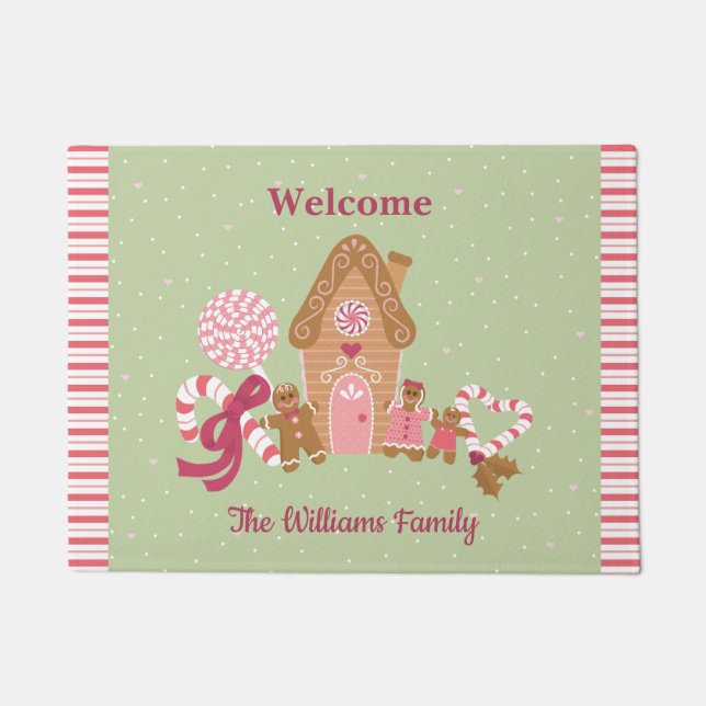 Cute Gingerbread House Candy Cane Mint Green Doormat (Front)