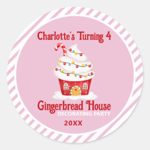 Cute Gingerbread House Candy Cane Pink Birthday Classic Round Sticker