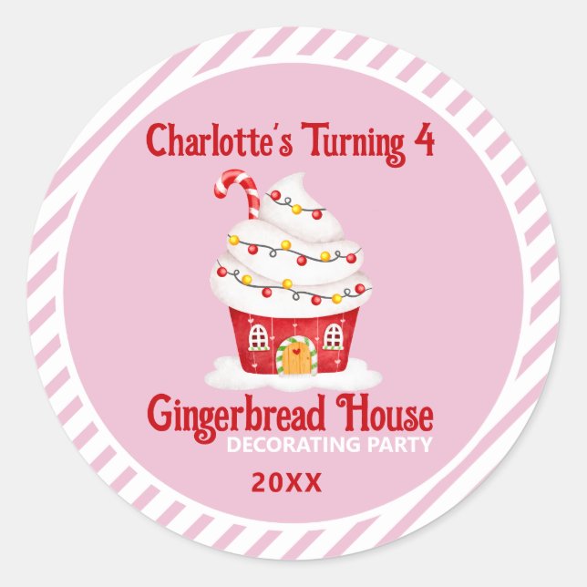 Cute Gingerbread House Candy Cane Pink Birthday Classic Round Sticker (Front)