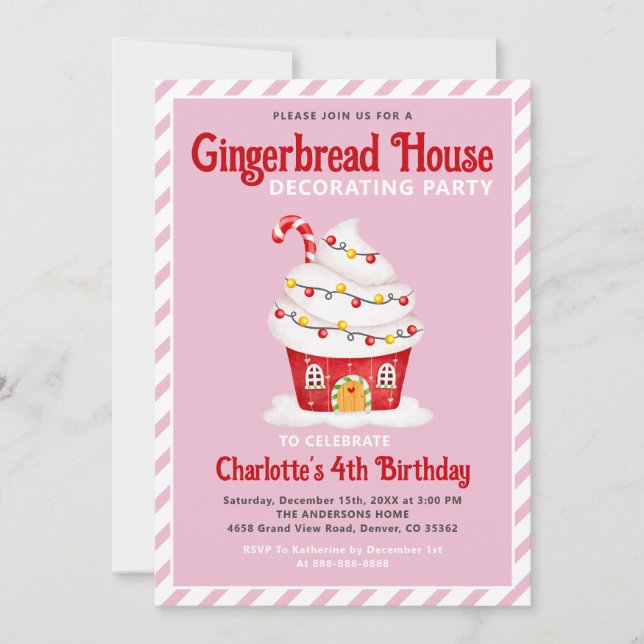 Cute Gingerbread House Candy Cane Pink Birthday Invitation (Front)
