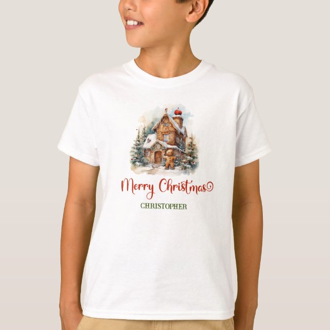 Cute gingerbread house in winter pine forest  T-Shirt (Front)