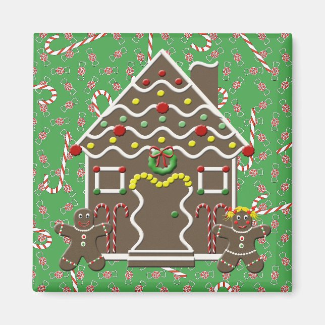 Cute Gingerbread House Man Girl Christmas Candy Magnet (Front)