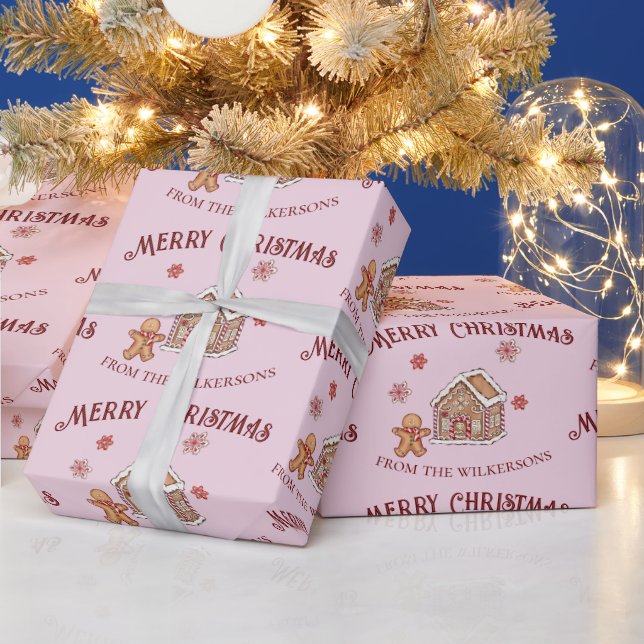 Cute Gingerbread House Pink Christmas Wrapping Paper (Holidays)