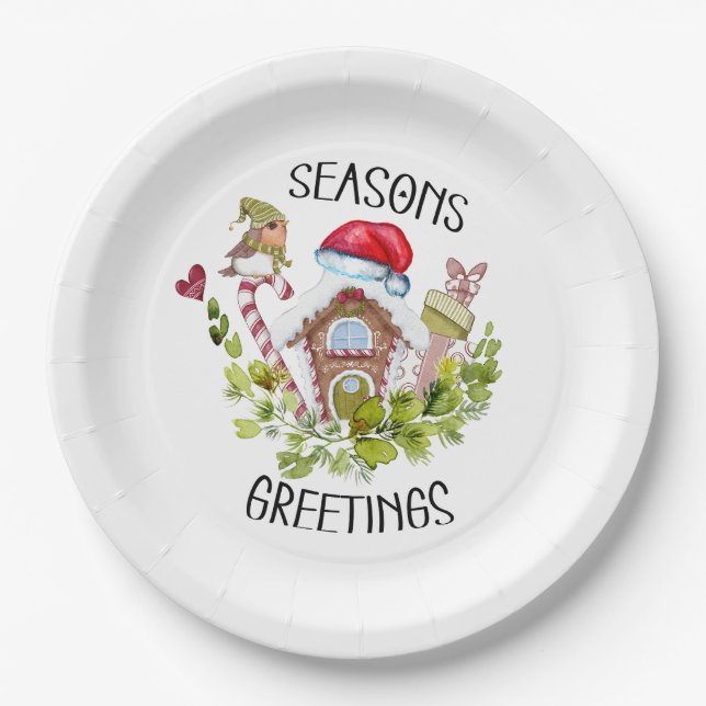 Cute Gingerbread House Seasons Greetings Christmas Paper Plate (Front)
