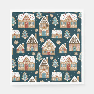 Cute Gingerbread Houses & Cookies Blue Christmas  Napkin