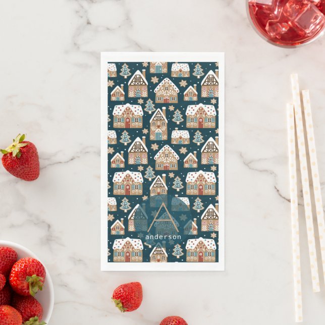 Cute Gingerbread Houses & Cookies Blue Christmas  Napkin (Insitu)