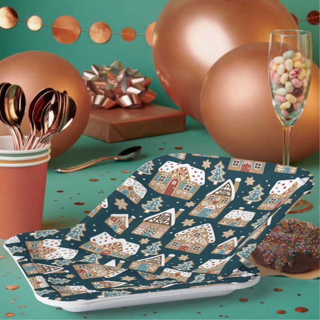 Cute Gingerbread Houses & Cookies Blue Christmas  Paper Plate (Multi)