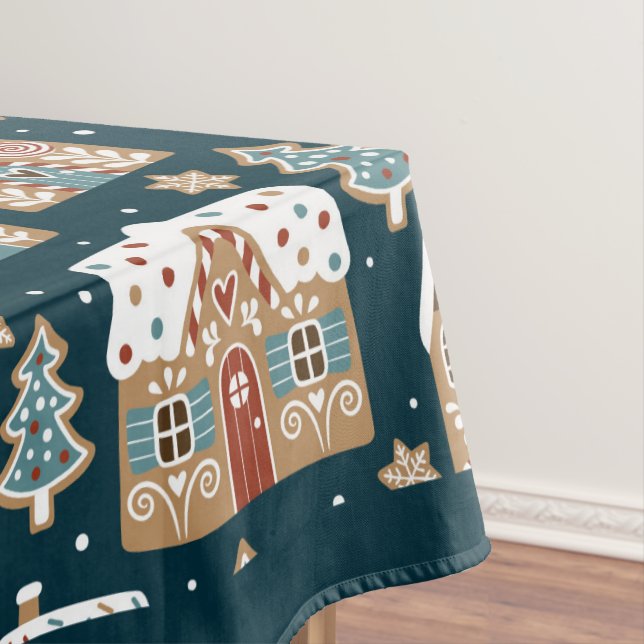 Cute Gingerbread Houses & Cookies Blue Christmas  Tablecloth (In Situ)