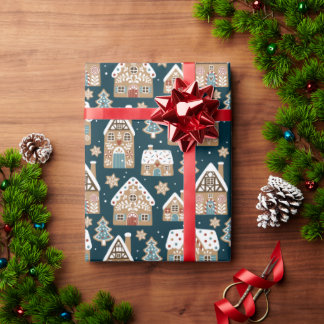 Cute Gingerbread Houses & Cookies Blue Christmas  Wrapping Paper