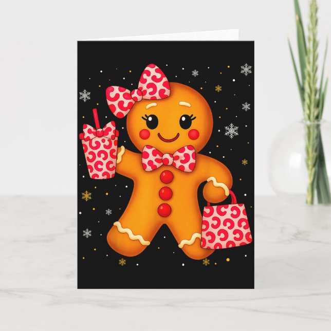 Cute Gingerbread Leopard Bow Christmas Xmas Girl W Card (Front)