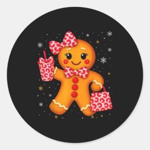 Cute Gingerbread Leopard Bow Christmas Xmas Girl W Classic Round Sticker