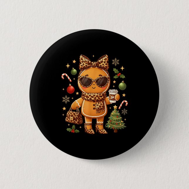 Cute Gingerbread Leopard Christmas Xmas Girl Women 6 Cm Round Badge (Front)