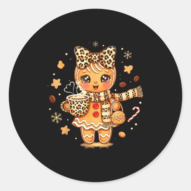 Cute Gingerbread Leopard Christmas Xmas Girl Women Classic Round Sticker (Front)