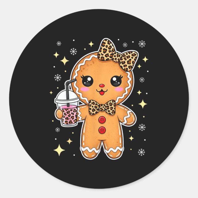 Cute Gingerbread Leopard Coquette Christmas Xmas G Classic Round Sticker (Front)