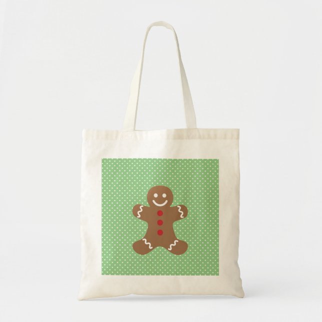 Cute Gingerbread Man and Green Polka Dots Tote Bag (Front)