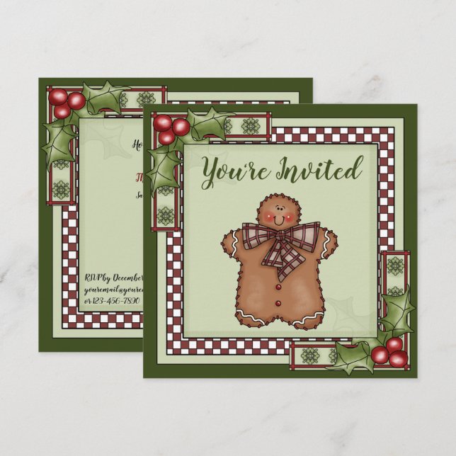 Cute Gingerbread Man and Holly Christmas Party Invitation (Front/Back)