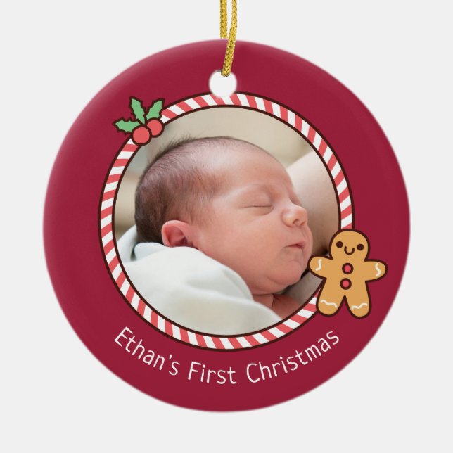 Cute Gingerbread Man Baby's First Christmas Photo Ceramic Tree Decoration (Front)