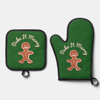 Cute Gingerbread Man Bake It Merry Holiday Oven Mitt & Pot Holder Set