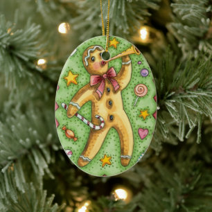 Cute Gingerbread Man Blowing Horn, Christmas Candy Ceramic Tree Decoration