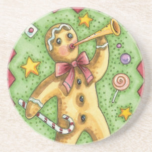 Cute Gingerbread Man Blowing Horn, Christmas Candy Coaster