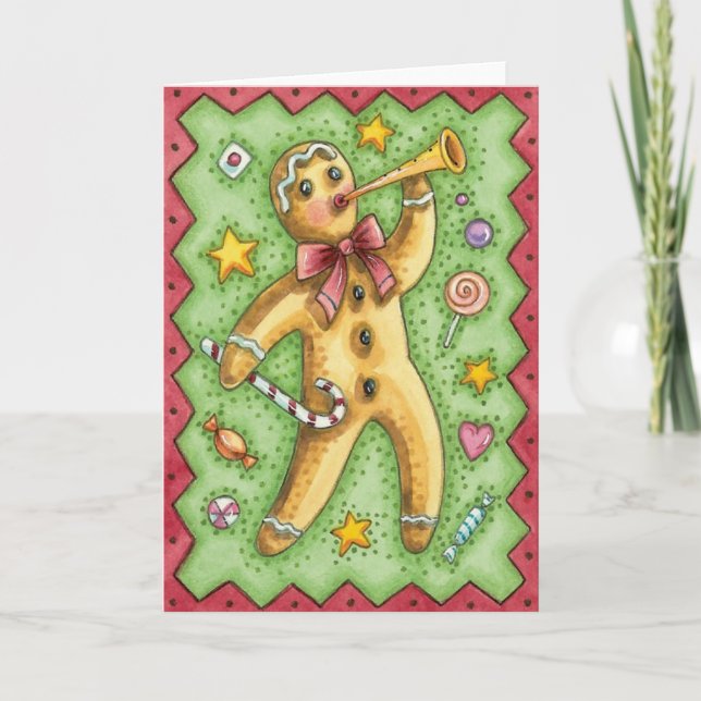 Cute Gingerbread Man Blowing Horn, Christmas Candy Holiday Card (Front)