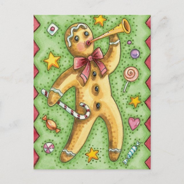 Cute Gingerbread Man Blowing Horn, Christmas Candy Holiday Postcard (Front)