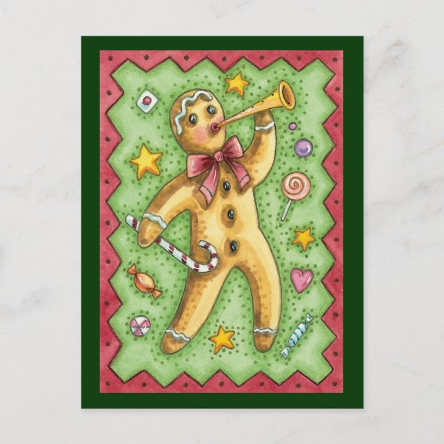 Cute Gingerbread Man Blowing Horn, Christmas Candy Holiday Postcard (Front)