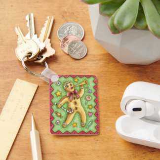 Cute Gingerbread Man Blowing Horn, Christmas Candy Key Ring