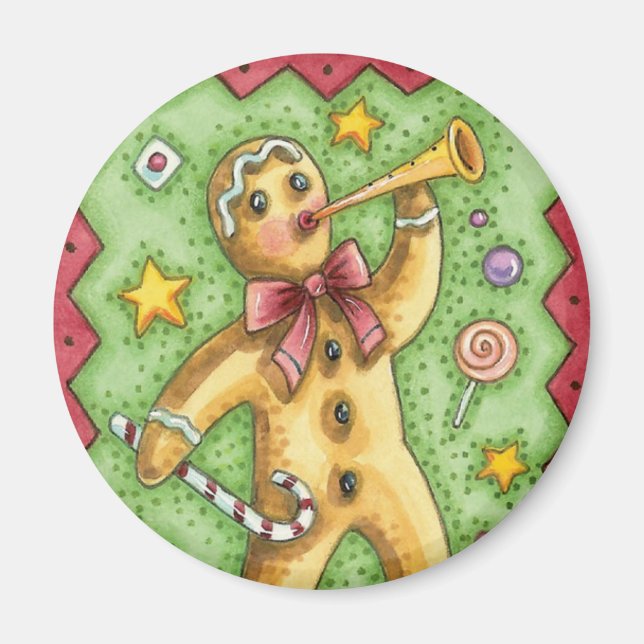Cute Gingerbread Man Blowing Horn, Christmas Candy Magnet (Front)